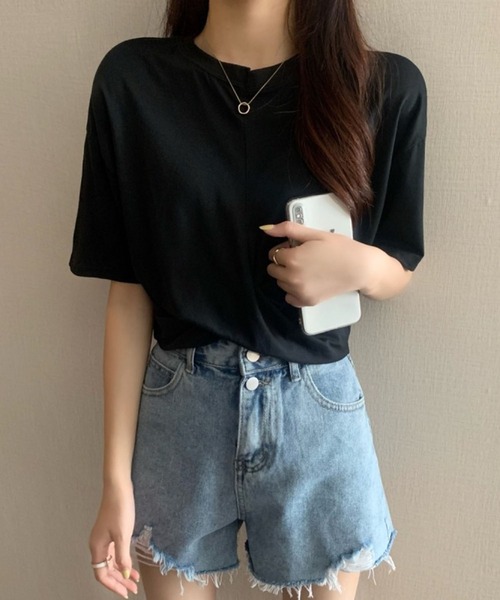 Jewelobe（ジュエローブ）の「ツイストヘムクロップドTシャツ（Tシャツ/カットソー・レディース・ブルー/杢グレー/ブラック/ピンク/ホワイト・M/S）」の3枚目の写真