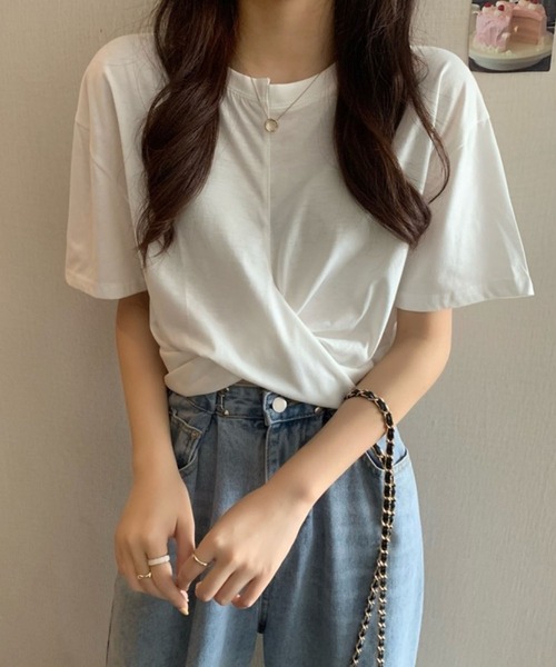 Jewelobe（ジュエローブ）の「ツイストヘムクロップドTシャツ（Tシャツ/カットソー・レディース・ブルー/杢グレー/ブラック/ピンク/ホワイト・M/S）」の6枚目の写真