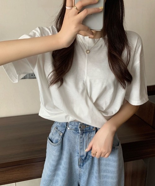 Jewelobe（ジュエローブ）の「ツイストヘムクロップドTシャツ（Tシャツ/カットソー・レディース・ブルー/杢グレー/ブラック/ピンク/ホワイト・M/S）」の7枚目の写真