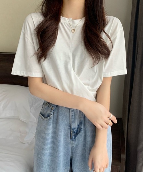 Jewelobe（ジュエローブ）の「ツイストヘムクロップドTシャツ（Tシャツ/カットソー・レディース・ブルー/杢グレー/ブラック/ピンク/ホワイト・M/S）」の14枚目の写真