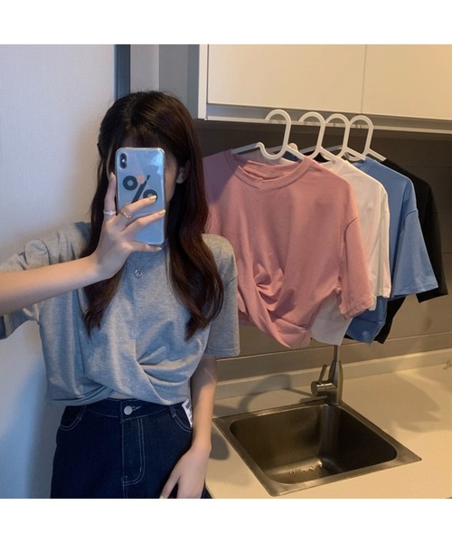 Jewelobe（ジュエローブ）の「ツイストヘムクロップドTシャツ（Tシャツ/カットソー・レディース・ブルー/杢グレー/ブラック/ピンク/ホワイト・M/S）」の22枚目の写真