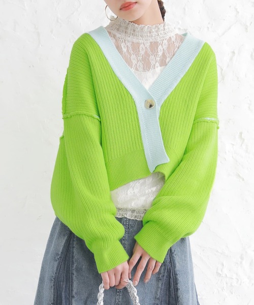 osharewalker（オシャレウォーカー）の「【廃盤】『配色リバーシブルダブルフェイスカーディガン』（カーディガン/ボレロ・レディース・ブラック/ライム/コーラルピンク・FREE）」の2枚目の写真