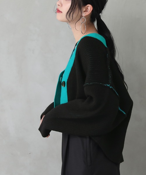 osharewalker（オシャレウォーカー）の「【廃盤】『配色リバーシブルダブルフェイスカーディガン』（カーディガン/ボレロ・レディース・ブラック/ライム/コーラルピンク・FREE）」の7枚目の写真