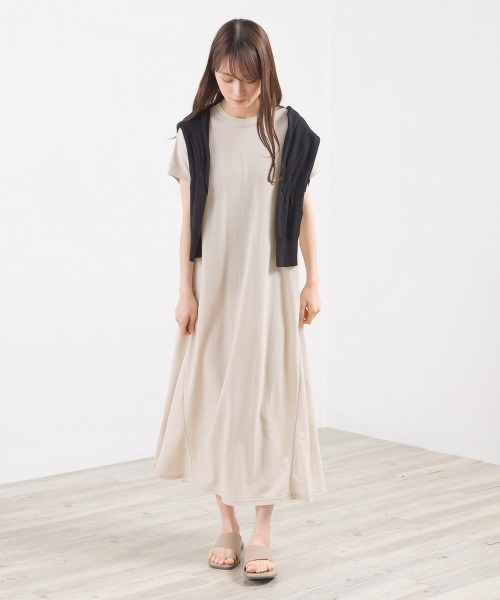 接触冷感レーヨンナイロンボトルネックフレアワンピース