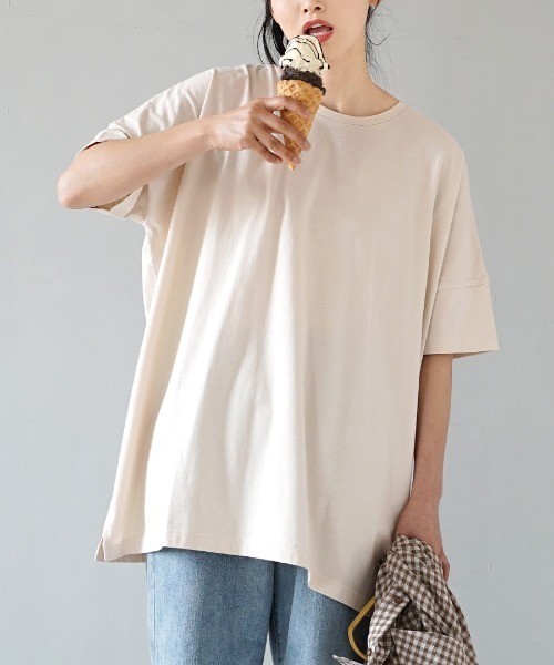 zootie（ズーティー）の「【汗が染みない ビッグTシャツ】 汗しみない Tシャツ［ビッグTEE］ 汗染み防止（Tシャツ/カットソー・レディース・ラベンダー/モカ/ライトブルー/ライトカーキ/グレイッシュブルー/ブラック/グレイッシュベージュ/オレンジ系その他2/杢グレー/オフホワイト/ネイビー/ダークグリーン/ブルー系その他2/ダークブラウン/パープル系その他/アイボリー/イエロー系その他/レッド系その他/ミント・M-L）」の3枚目の写真
