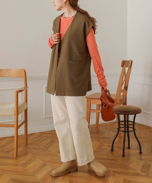 Bab(バブ)の「【セットアップ可能】ノーカラーベスト(ベスト・レディース・ベージュ/カーキ/ブラック・M)」の9枚目の写真