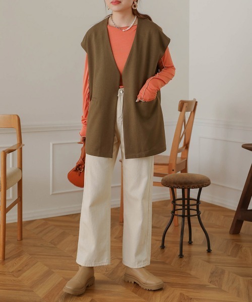 Bab(バブ)の「【セットアップ可能】ノーカラーベスト(ベスト・レディース・ベージュ/カーキ/ブラック・M)」の18枚目の写真