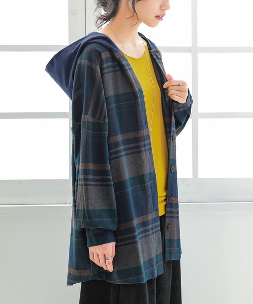 osharewalker（オシャレウォーカー）の「【廃盤】『異素材フードチェック柄シャツパーカー』（パーカー・レディース・パープル/ネイビー/レッド・FREE）」の2枚目の写真