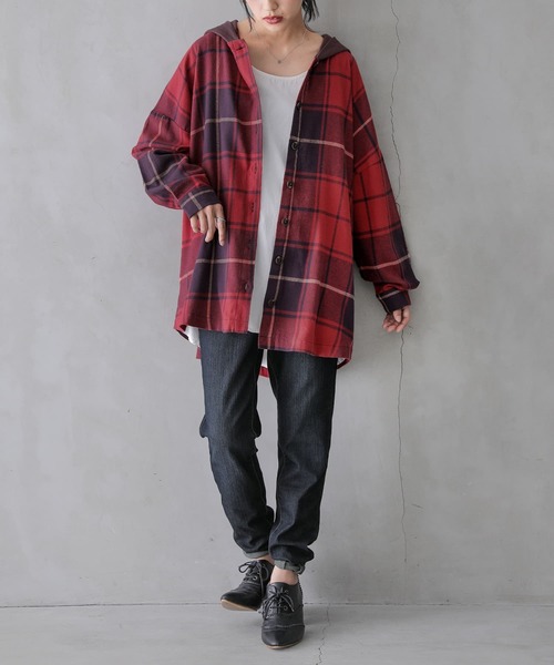 osharewalker（オシャレウォーカー）の「【廃盤】『異素材フードチェック柄シャツパーカー』（パーカー・レディース・パープル/ネイビー/レッド・FREE）」の14枚目の写真