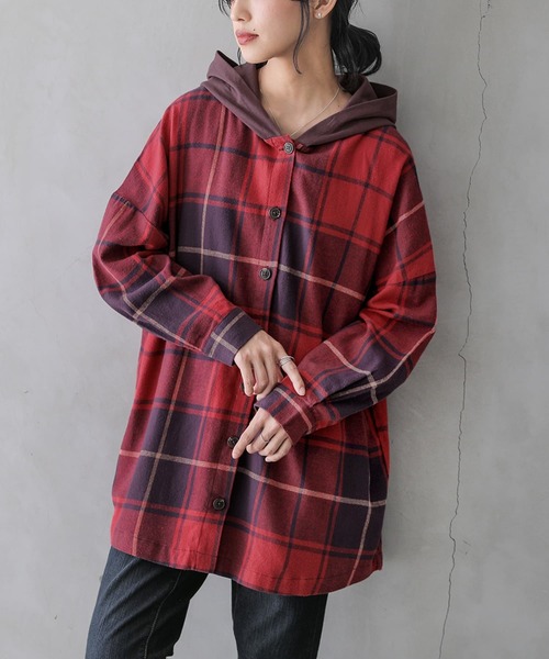 osharewalker（オシャレウォーカー）の「【廃盤】『異素材フードチェック柄シャツパーカー』（パーカー・レディース・パープル/ネイビー/レッド・FREE）」の15枚目の写真