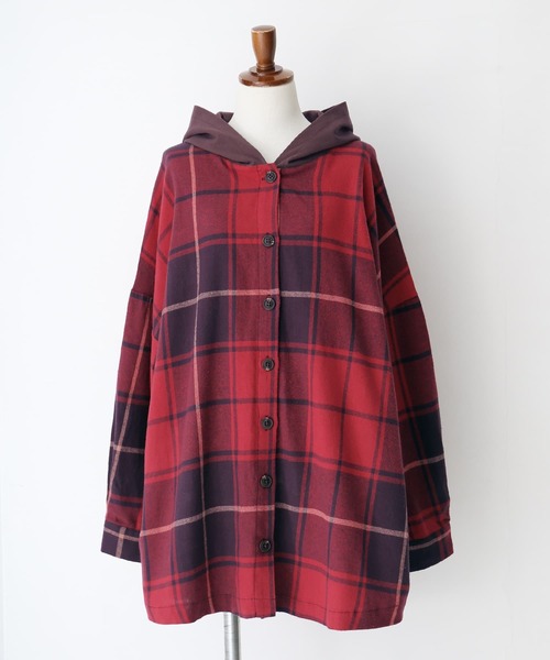 osharewalker（オシャレウォーカー）の「【廃盤】『異素材フードチェック柄シャツパーカー』（パーカー・レディース・パープル/ネイビー/レッド・FREE）」の19枚目の写真