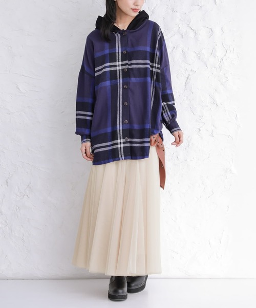 osharewalker（オシャレウォーカー）の「【廃盤】『異素材フードチェック柄シャツパーカー』（パーカー・レディース・パープル/ネイビー/レッド・FREE）」の5枚目の写真