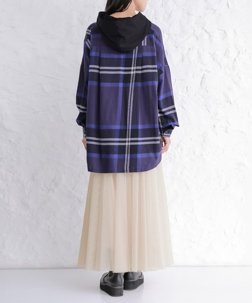 osharewalker（オシャレウォーカー）の「【廃盤】『異素材フードチェック柄シャツパーカー』（パーカー・レディース・パープル/ネイビー/レッド・FREE）」の7枚目の写真