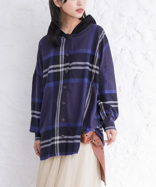 osharewalker（オシャレウォーカー）の「【廃盤】『異素材フードチェック柄シャツパーカー』（パーカー・レディース・パープル/ネイビー/レッド・FREE）」の8枚目の写真