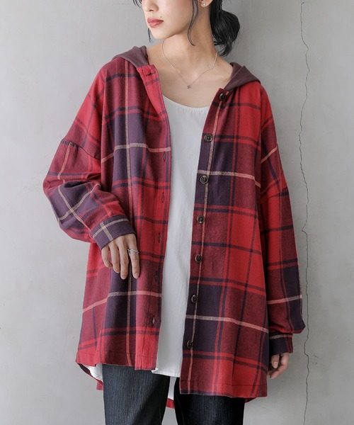 osharewalker（オシャレウォーカー）の「【廃盤】『異素材フードチェック柄シャツパーカー』（パーカー・レディース・パープル/ネイビー/レッド・FREE）」の4枚目の写真