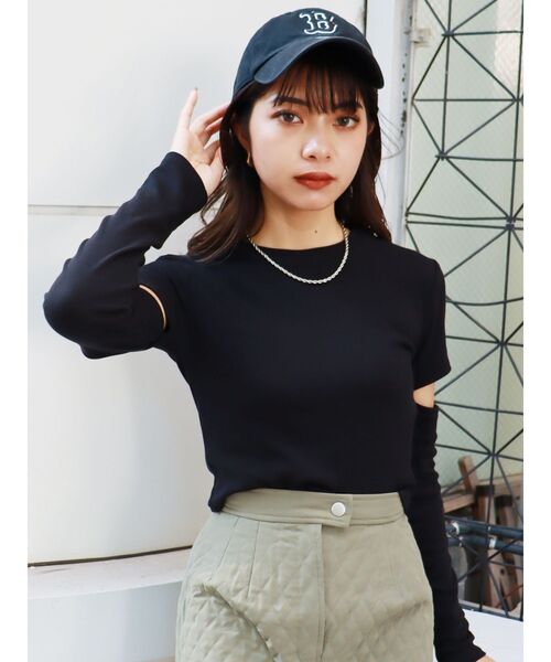 MURUA(ムルーア)の「2WAYスリーブカットトップス(Tシャツ/カットソー・レディース・ブラック/グリーン/アイボリー・FREE)」の5枚目の写真