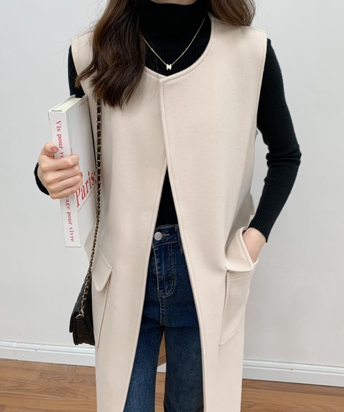 BANNER SELECT（バナーセレクト）の「メルトンノーカラーロングジレベスト（ベスト・レディース・ベージュ/アイボリー/ブラック・S/M）」の6枚目の写真