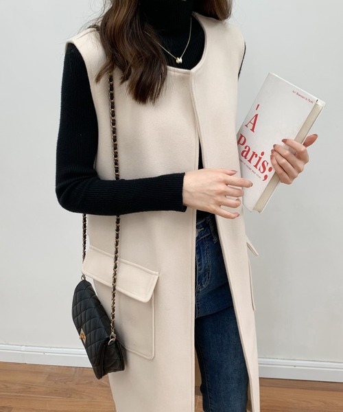 BANNER SELECT（バナーセレクト）の「メルトンノーカラーロングジレベスト（ベスト・レディース・ベージュ/アイボリー/ブラック・S/M）」の7枚目の写真