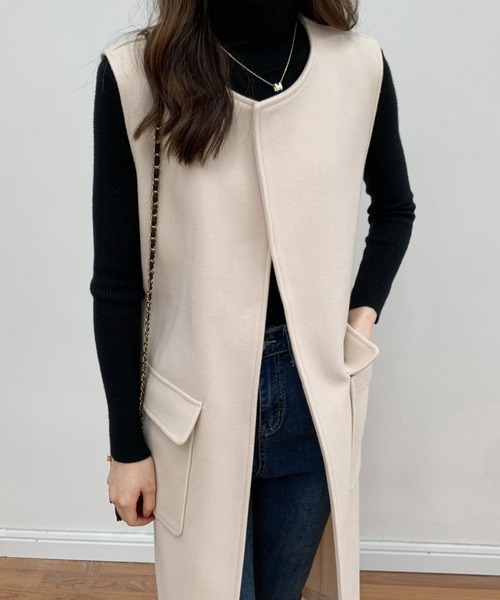 BANNER SELECT（バナーセレクト）の「メルトンノーカラーロングジレベスト（ベスト・レディース・ベージュ/アイボリー/ブラック・S/M）」の8枚目の写真