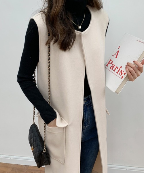 BANNER SELECT（バナーセレクト）の「メルトンノーカラーロングジレベスト（ベスト・レディース・ベージュ/アイボリー/ブラック・S/M）」の11枚目の写真