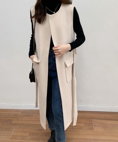 BANNER SELECT（バナーセレクト）の「メルトンノーカラーロングジレベスト（ベスト・レディース・ベージュ/アイボリー/ブラック・S/M）」の9枚目の写真