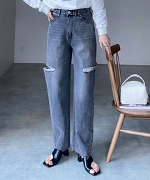 She's Closet | サイドカットスリットハイウエストワイドテーパードダメージデニムパンツ(デニムパンツ)