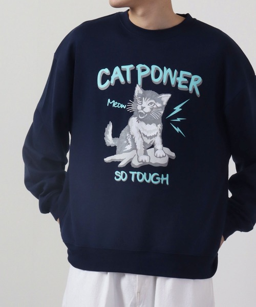 MODISH GAZE(モディシュガゼ)の「MODISH GAZE 裏毛 クルーネック 長袖 スウェット CAT POWER(スウェット・メンズ・ブラック/オフホワイト/ネイビー・M/L)」の3枚目の写真