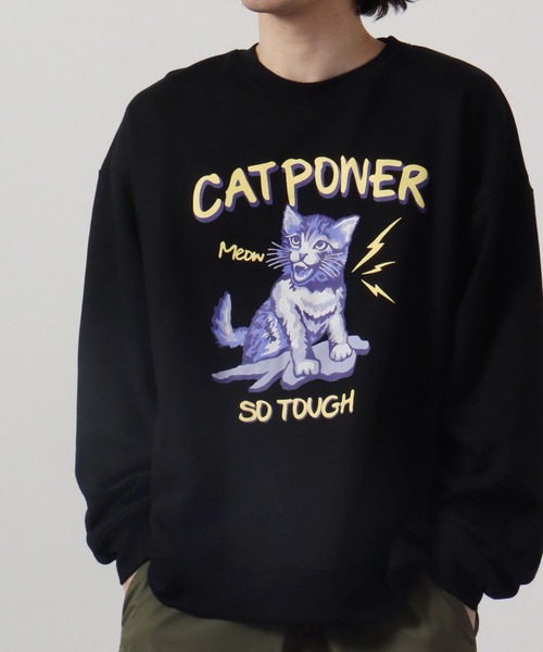 MODISH GAZE(モディシュガゼ)の「MODISH GAZE 裏毛 クルーネック 長袖 スウェット CAT POWER(スウェット・メンズ・ブラック/オフホワイト/ネイビー・M/L)」の2枚目の写真