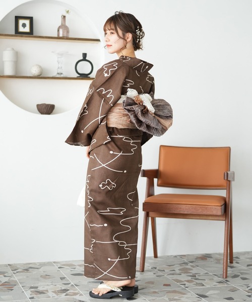 ​【新品】utatane×たかあしあかり 線描きアート 浴衣3点セット Sサイズ utatane（ウタタネ）の「【たかあしあかり×utatane】浴衣3点セット