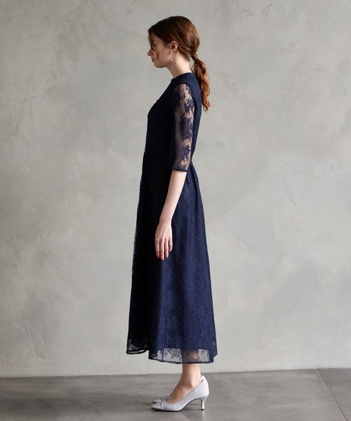 プチハイネック5分袖レースパーティードレス AIMER ドレス 「WEB限定」プチハイネック5分袖レースパーティー