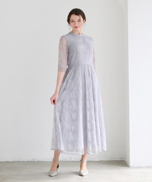 プチハイネック5分袖レースパーティードレス WEB限定】プチハイネック5分袖レースパーティードレス 結婚式 お呼ばれ