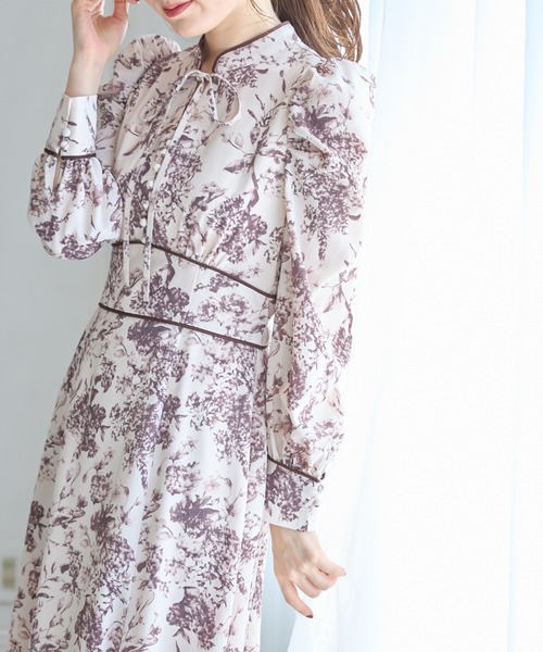 りぼん付きスタンドカラークラシカルフラワープリントマーメイド  