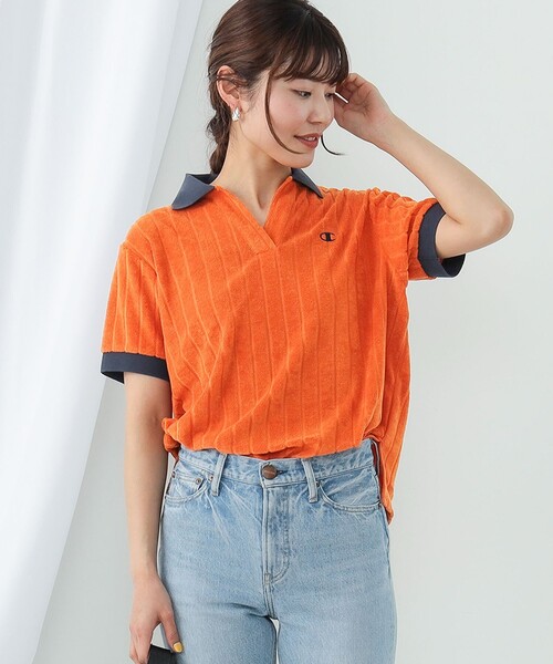 Ray BEAMS（レイビームス）の「Champion × Ray BEAMS / 別注 スキッパー ポロシャツ（ポロシャツ・レディース・ベージュ/ネイビー/オレンジ/グリーン・MEDIUM）」の4枚目の写真