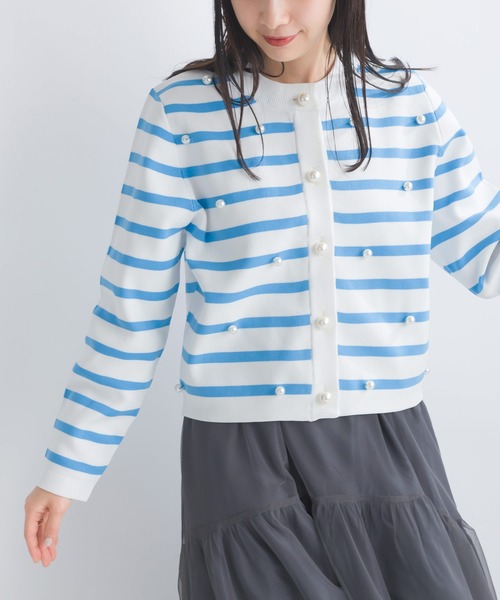 PICCIN PERLA（ピッチンペルラ）の「パール付きボーダーカーディガン（カーディガン/ボレロ・レディース・アイボリー/ブラック/ブルー/ピンク・M）」の3枚目の写真