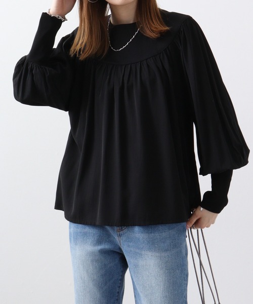 EGLANTINE(エグランティーヌ)の「Eglantine ギャザーブラウス(Tシャツ/カットソー・レディース・ブラック/ベージュ・40)」の3枚目の写真