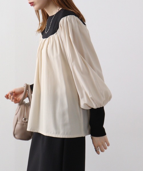 EGLANTINE(エグランティーヌ)の「Eglantine ギャザーブラウス(Tシャツ/カットソー・レディース・ブラック/ベージュ・40)」の8枚目の写真
