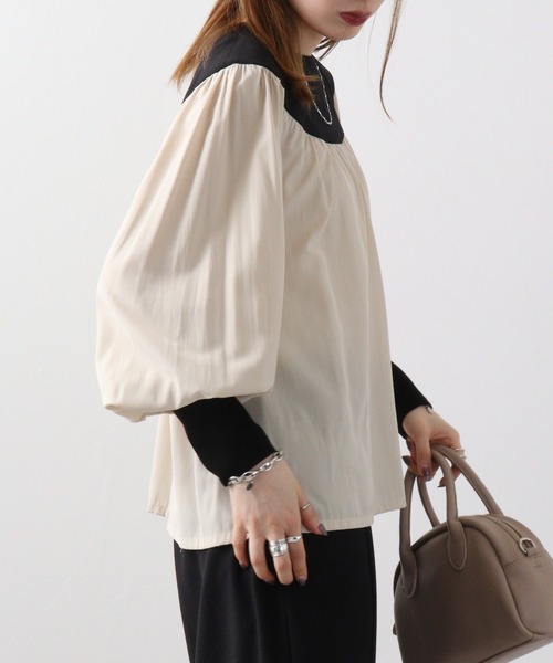 EGLANTINE(エグランティーヌ)の「Eglantine ギャザーブラウス(Tシャツ/カットソー・レディース・ブラック/ベージュ・40)」の10枚目の写真