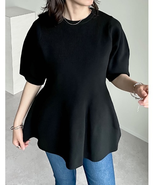 [STORYコラボ][神山まりあさん着用][洗濯機で洗える]パフスリーブペプラムニットトップス