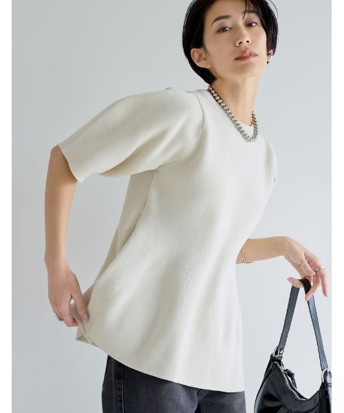 [STORYコラボ][神山まりあさん着用][洗濯機で洗える]パフスリーブペプラムニットトップス