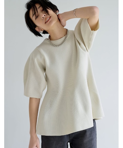 [STORYコラボ][神山まりあさん着用][洗濯機で洗える]パフスリーブペプラムニットトップス