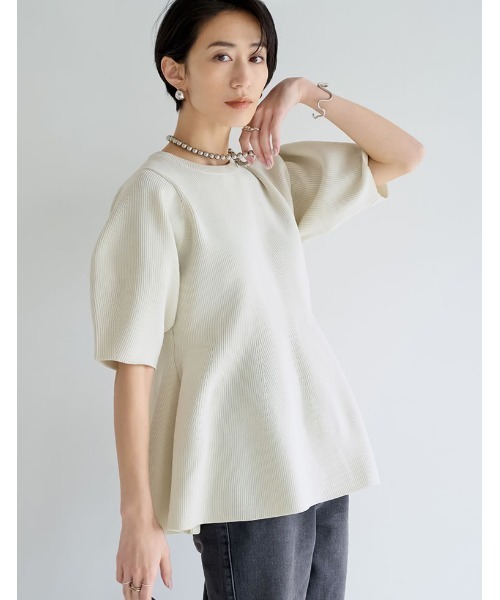 [STORYコラボ][神山まりあさん着用][洗濯機で洗える]パフスリーブペプラムニットトップス