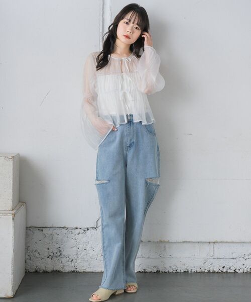 RETRO GIRL(レトロガール)の「フロントリボンシアーBL(シャツ/ブラウス・レディース・ブルー/ホワイト/イエロー/グリーン・FREE)」の7枚目の写真