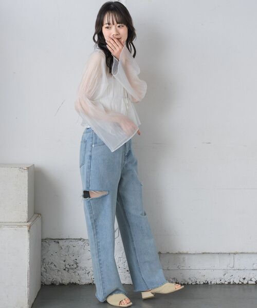 RETRO GIRL(レトロガール)の「フロントリボンシアーBL(シャツ/ブラウス・レディース・ブルー/ホワイト/イエロー/グリーン・FREE)」の8枚目の写真