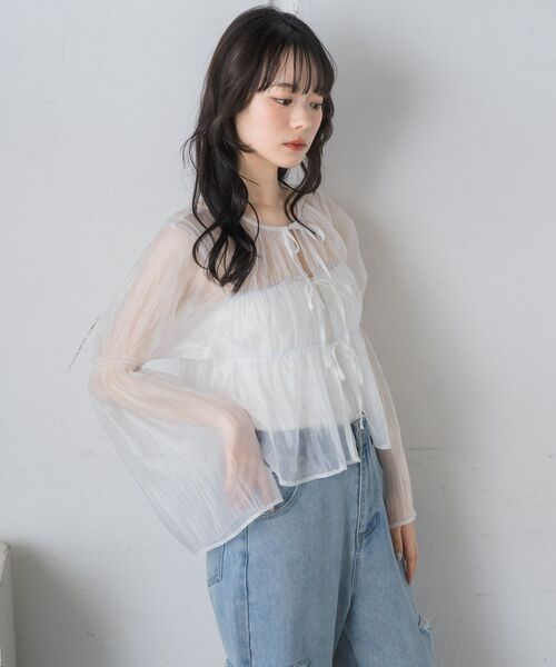 RETRO GIRL(レトロガール)の「フロントリボンシアーBL(シャツ/ブラウス・レディース・ブルー/ホワイト/イエロー/グリーン・FREE)」の12枚目の写真