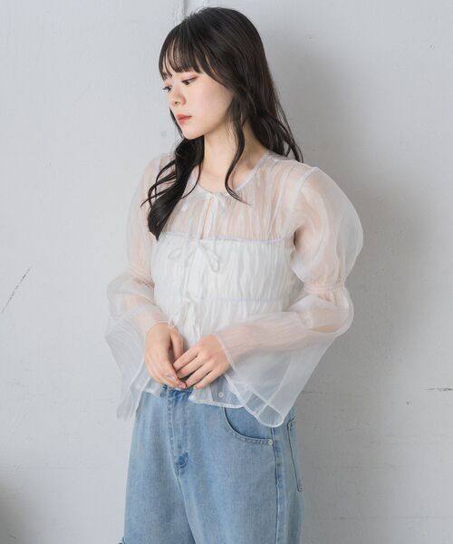 RETRO GIRL(レトロガール)の「フロントリボンシアーBL(シャツ/ブラウス・レディース・ブルー/ホワイト/イエロー/グリーン・FREE)」の13枚目の写真