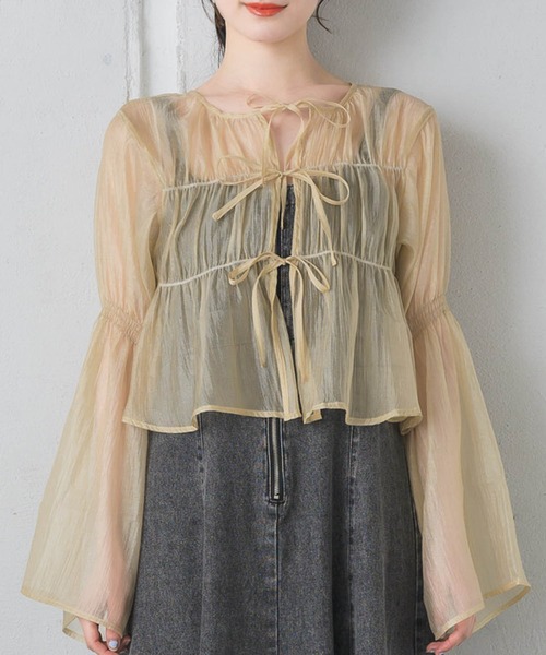 RETRO GIRL(レトロガール)の「フロントリボンシアーBL(シャツ/ブラウス・レディース・ブルー/ホワイト/イエロー/グリーン・FREE)」の4枚目の写真