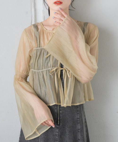 RETRO GIRL(レトロガール)の「フロントリボンシアーBL(シャツ/ブラウス・レディース・ブルー/ホワイト/イエロー/グリーン・FREE)」の5枚目の写真