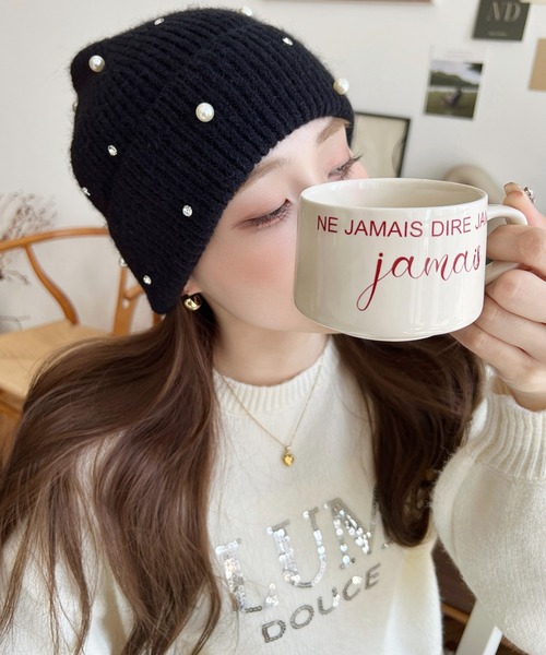 moment+（モーメントプラス）の「パール＆ビジューリブニット帽（ニットキャップ/ビーニー・レディース・ブラック/アイボリー/グレー・FREE）」の6枚目の写真