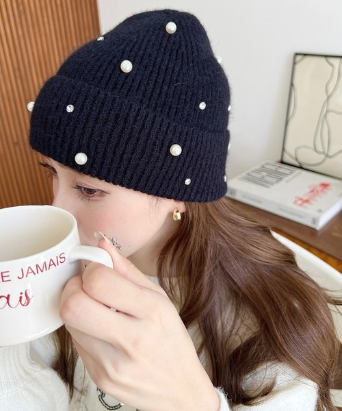 moment+（モーメントプラス）の「パール＆ビジューリブニット帽（ニットキャップ/ビーニー・レディース・ブラック/アイボリー/グレー・FREE）」の7枚目の写真