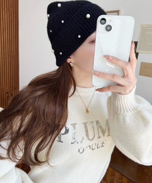 moment+（モーメントプラス）の「パール＆ビジューリブニット帽（ニットキャップ/ビーニー・レディース・ブラック/アイボリー/グレー・FREE）」の9枚目の写真